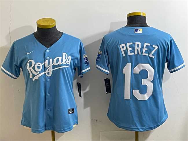 Women%27s Kansas City Royals #13 Salvador Perez Light Blue Cool Base Stitched Jersey->mlb womens jerseys->MLB Jersey